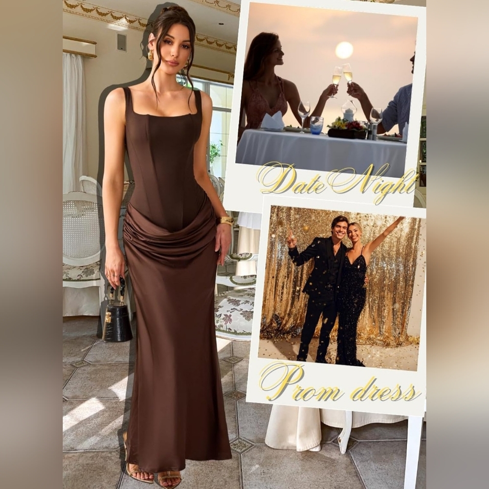 Elegant Brown Satin Lace-Up Dress - Picture 4 of 7